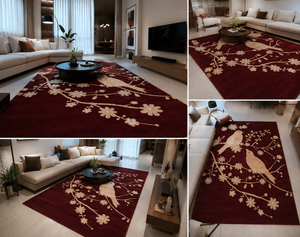 Lyrinx Burgundy Light Blue Cream Wool Rug – Overhead Sparrow View – Rugfine
