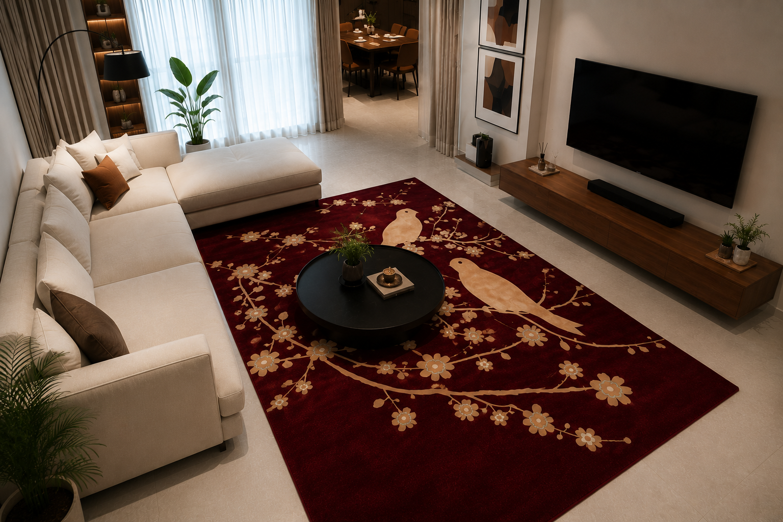 Burgundy Cream Light Blue Luxury Wool Area Rug – Lyrinx Sparrow 100% New Zealand Wool by Rugfine – View 1