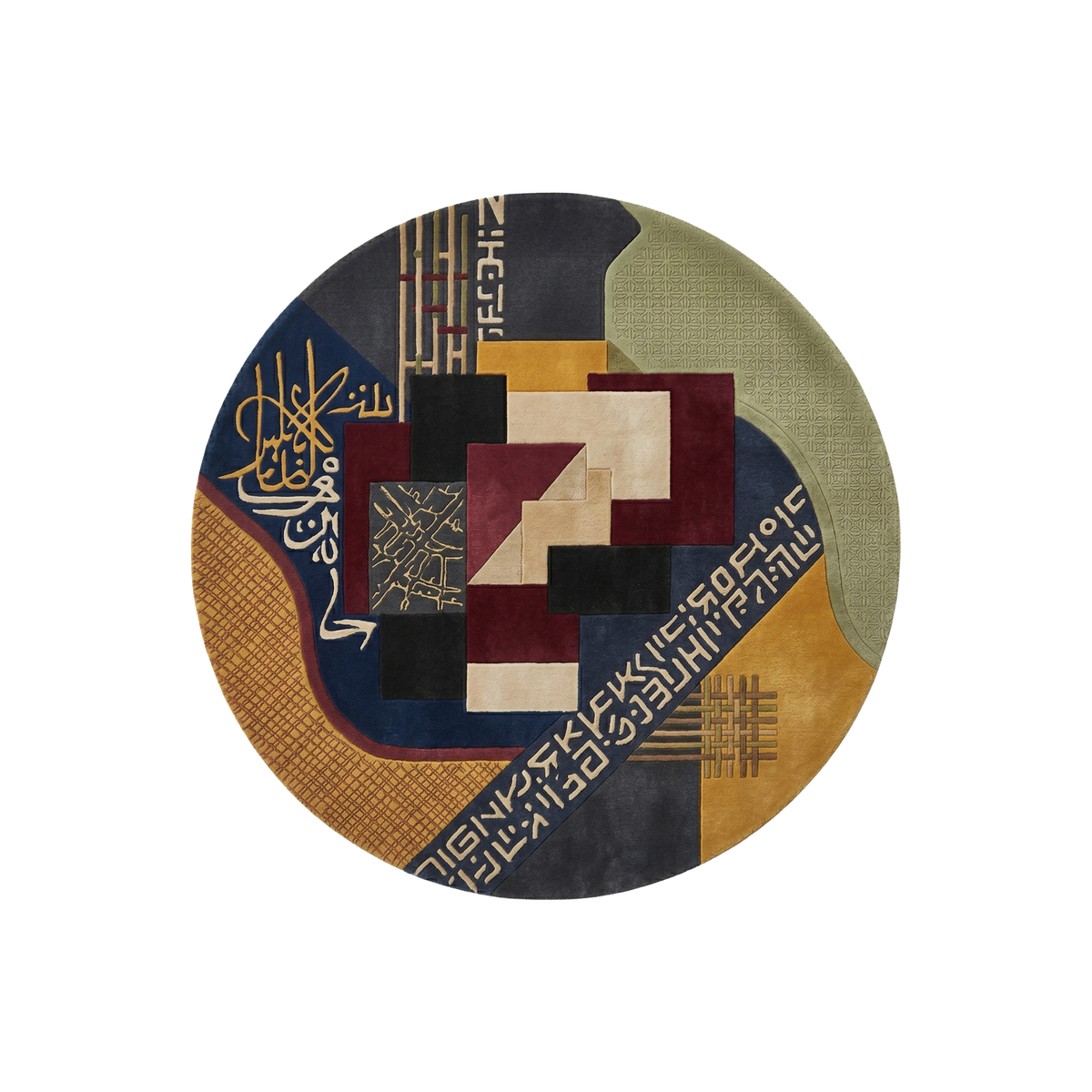 Qalam calligraphy round wool rug in ochre, navy, burgundy and sage, hand tufted by Rugfine
