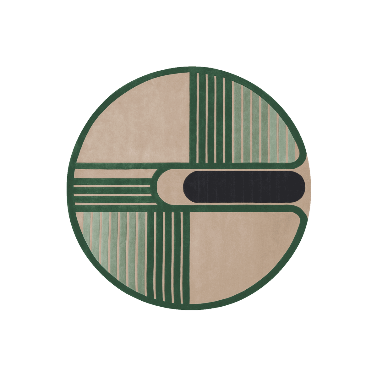 Aliasone Art Deco geometric round wool rug in forest green, sage and sand, hand tufted by Rugfine