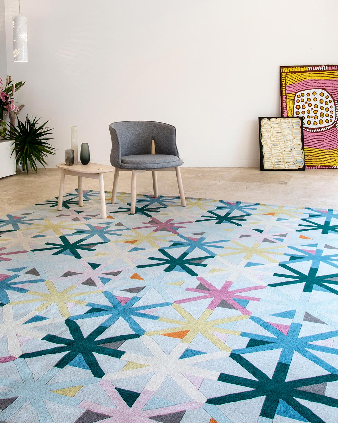 Ivory Teal Pink Hand Tufted Wool Rug – Apexvibe 100% NZ Wool Luxury Area Rug by Rugfine – Lifestyle View