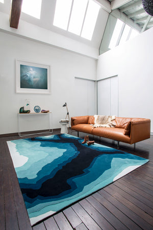 Teal Navy White Hand Tufted Wool Rug – Aquaglide Mineral by Bleux 100% NZ Wool by Rugfine – Lifestyle View