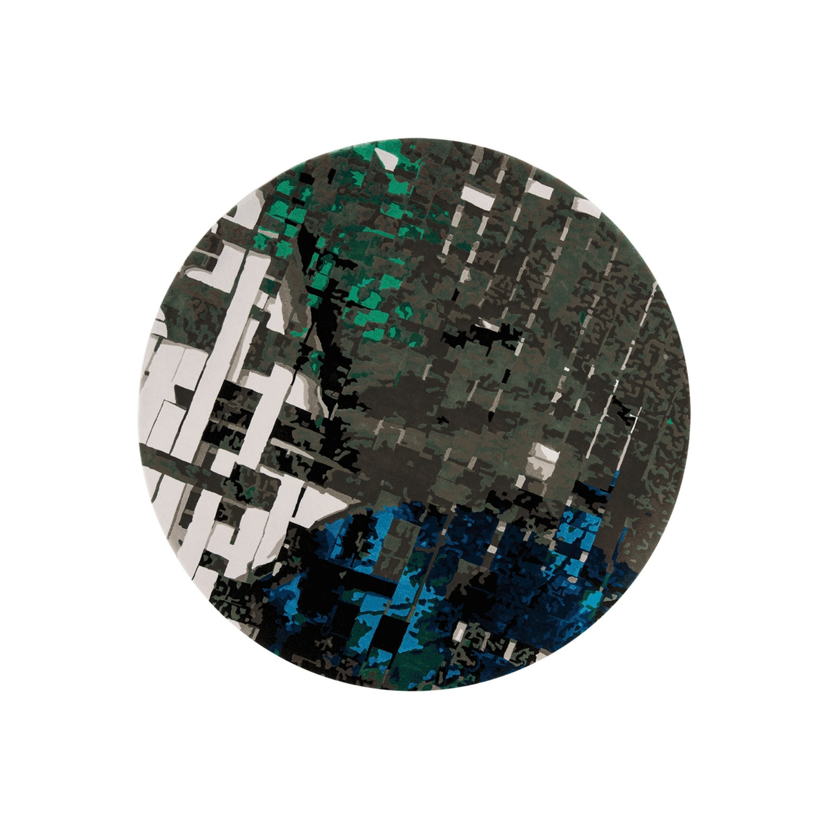Berilo urban abstract round wool rug in charcoal, emerald and cobalt, hand tufted by Rugfine