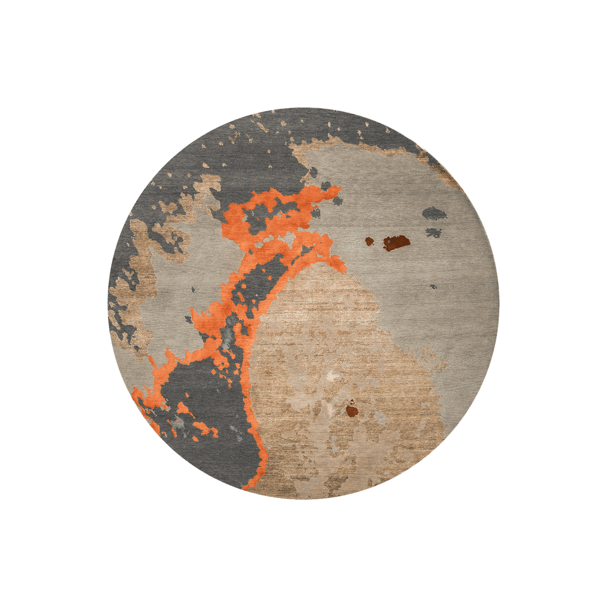 Brez geological abstract round wool rug in slate grey, sand and bright orange, hand tufted by Rugfine