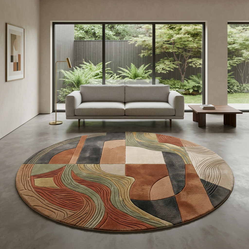 Canyon round wool rug on polished concrete with a grey sofa and walnut coffee table