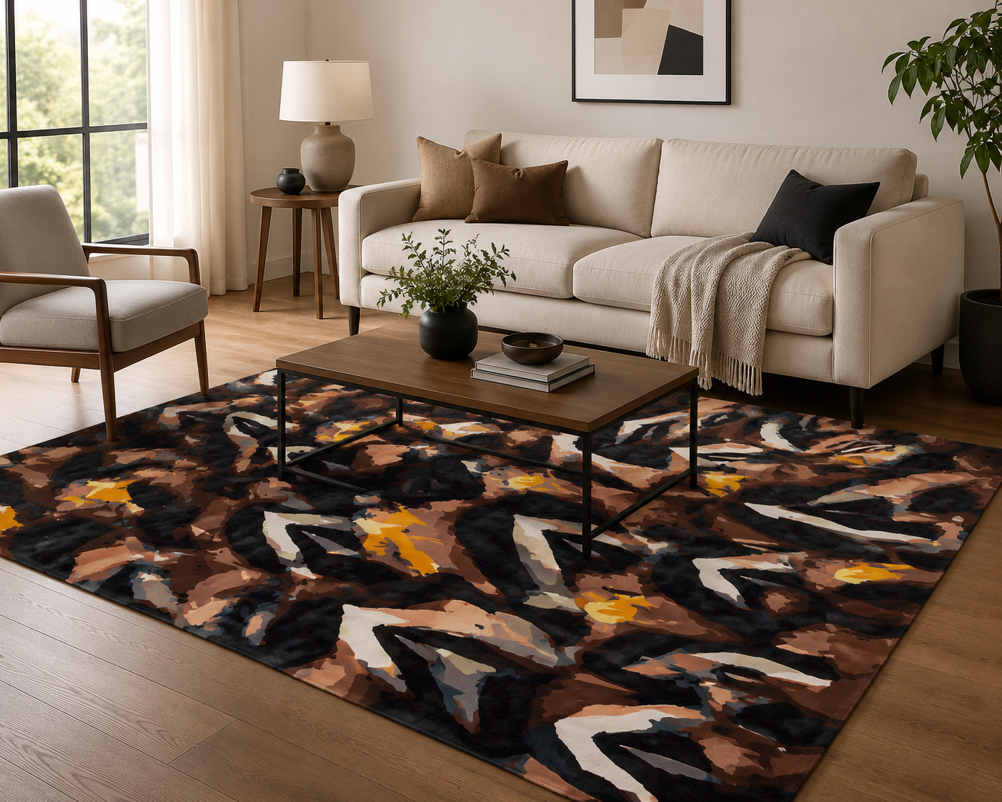 CoreRise Hand Tufted Rug – Black Brown Amber 100% New Zealand Wool Luxury Area Rug by Rugfine – Lifestyle View