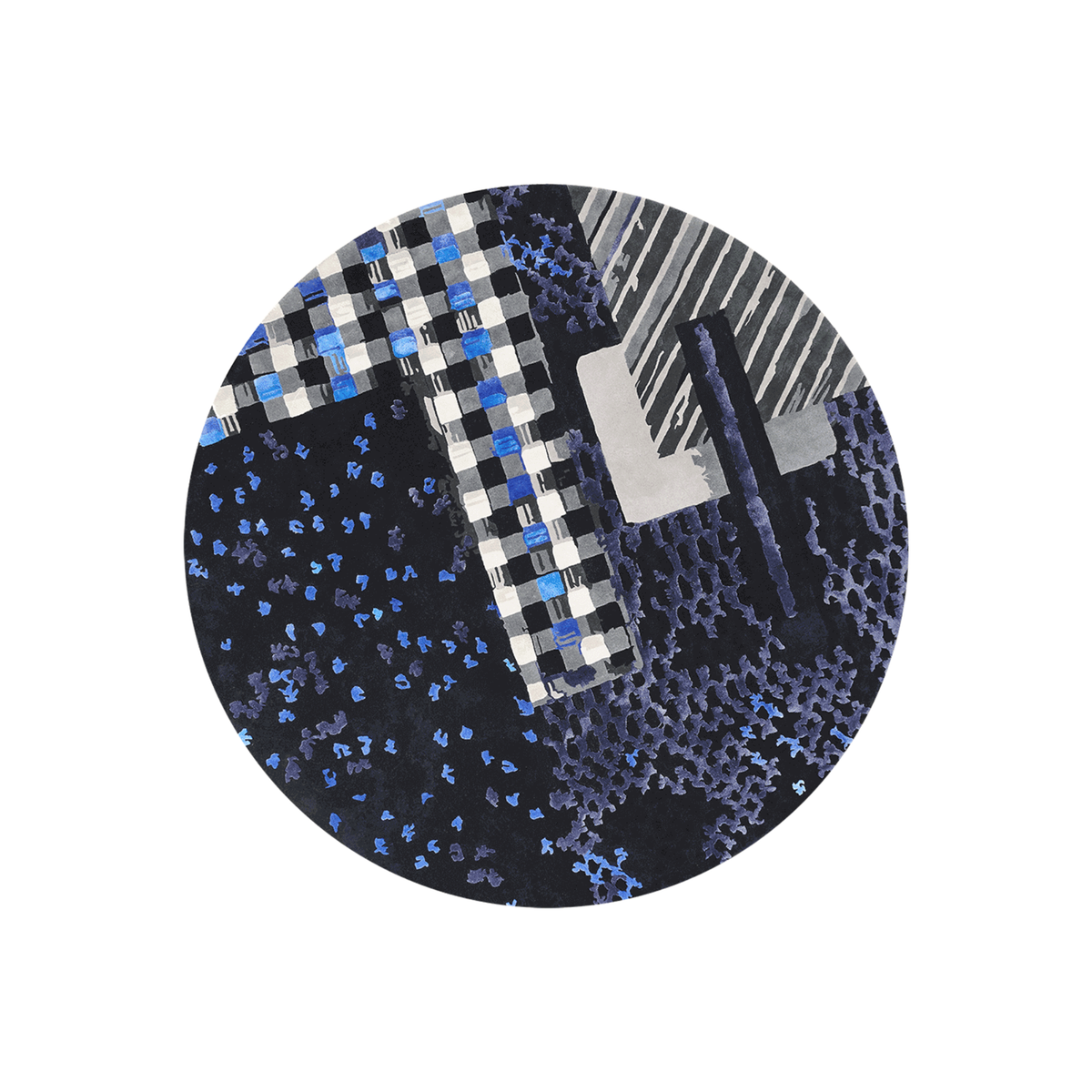 Dreama checkerboard collage round wool rug in navy, cobalt, grey and ivory, hand tufted by Rugfine