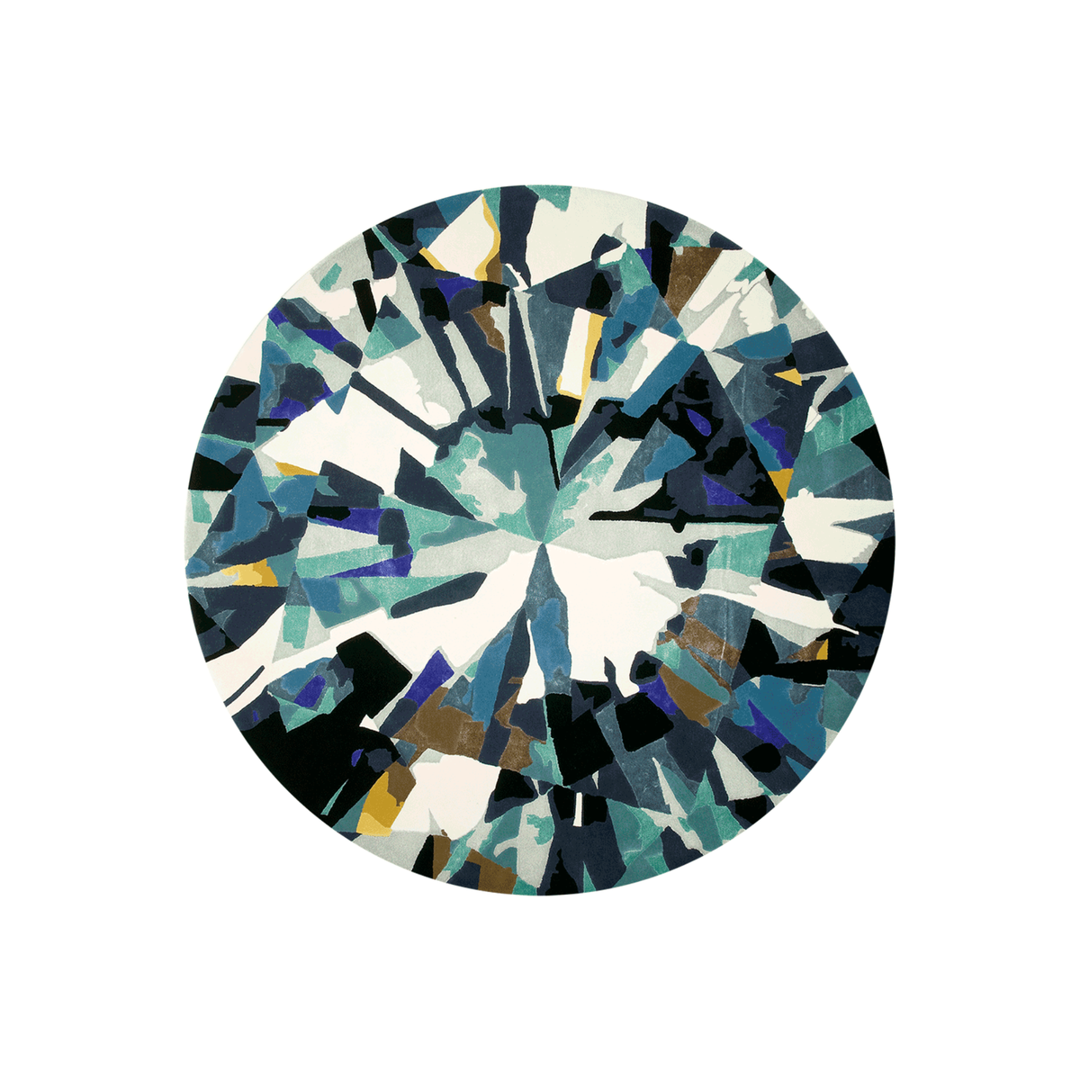 Dyvea diamond facet round wool rug in teal, navy, ivory and black, hand tufted by Rugfine