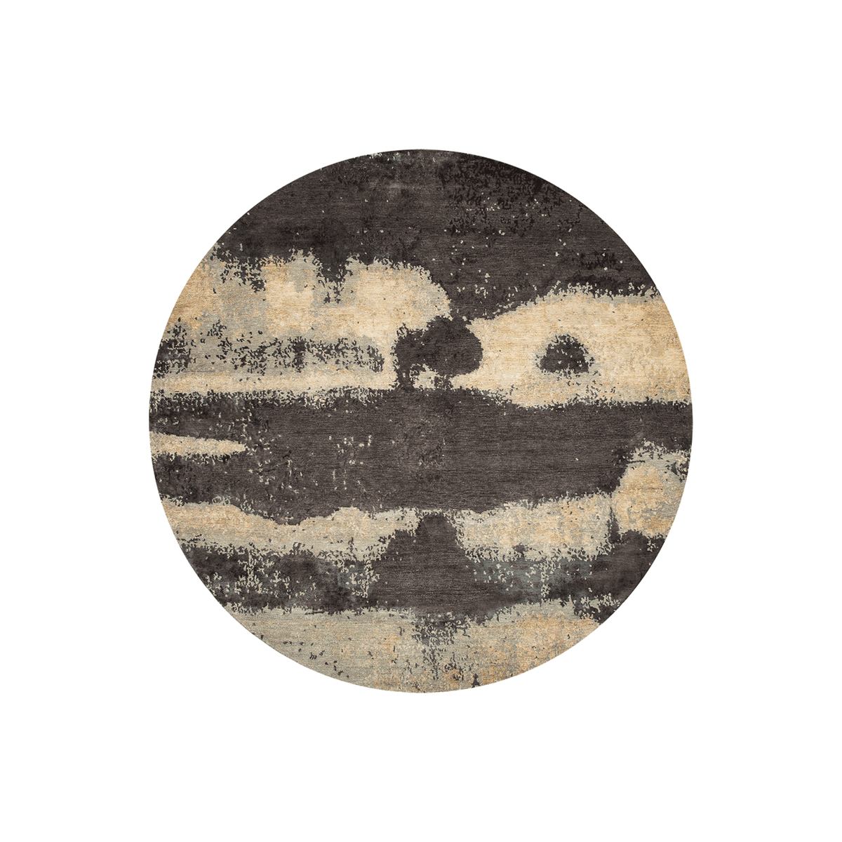 Elusis abstract landscape round wool rug in charcoal, sand, grey and cream, hand tufted by Rugfine