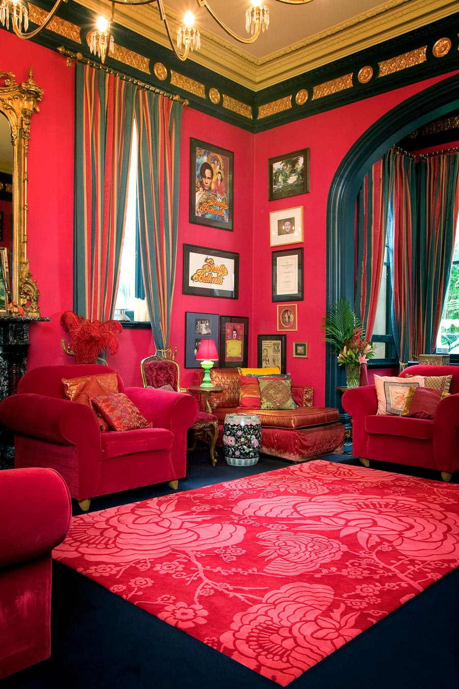 Fivio Hand Tufted Rug – Crimson Red Pink Floral 100% New Zealand Wool Luxury Area Rug by Rugfine – Room Setting