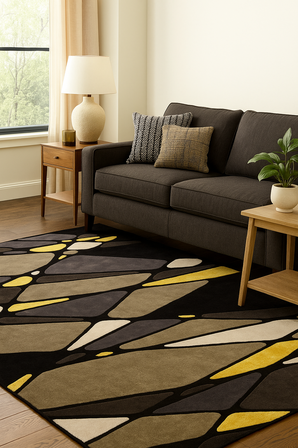 Black Grey Lime Geometric Hand Tufted Wool Rug – Floatzen 100% NZ Wool by Rugfine – Room Setting