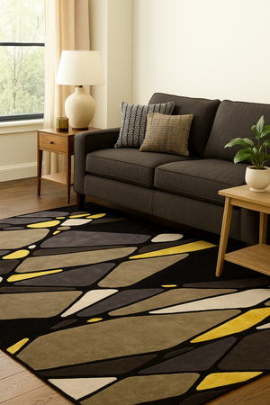 Black Grey Lime Geometric Hand Tufted Wool Rug – Floatzen 100% NZ Wool by Rugfine – Room Setting
