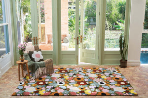 Olive Green Blush Pink Burnt Orange Luxury Wool Rug – Florawhirl 100% New Zealand Wool by Rugfine – Sunroom Lifestyle