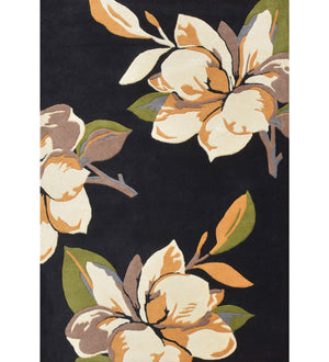 Flowpet Black Ivory Green Magnolia Botanical Rug – Main View – New Zealand Wool Rugfine