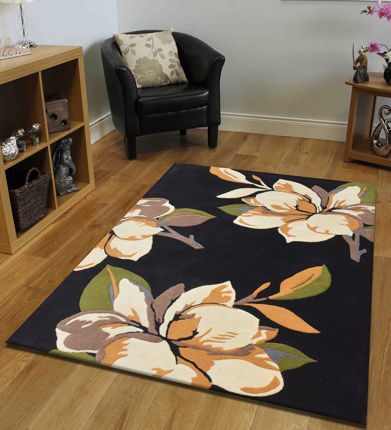 Black Ivory Green Magnolia Rug – Flowpet 100% New Zealand Wool Luxury Area Rug by Rugfine – Room Setting