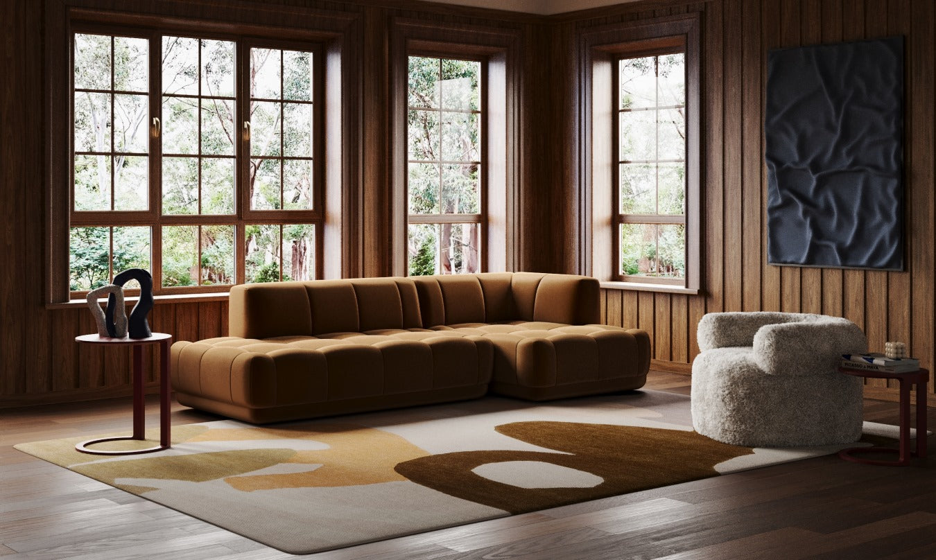 Ivory Brown Sage Green Hand Tufted Wool Rug – Fluxion 100% NZ Wool Luxury Area Rug by Rugfine – Lifestyle View