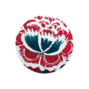 Gscape oversized floral round wool rug in crimson red and deep teal on white, hand tufted by Rugfine