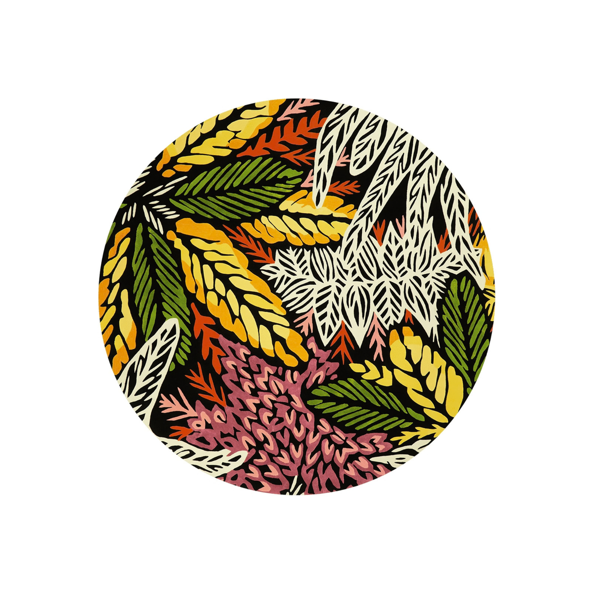 Hausar botanical round wool rug in gold, olive green, cream and dusty rose on black, hand tufted by Rugfine