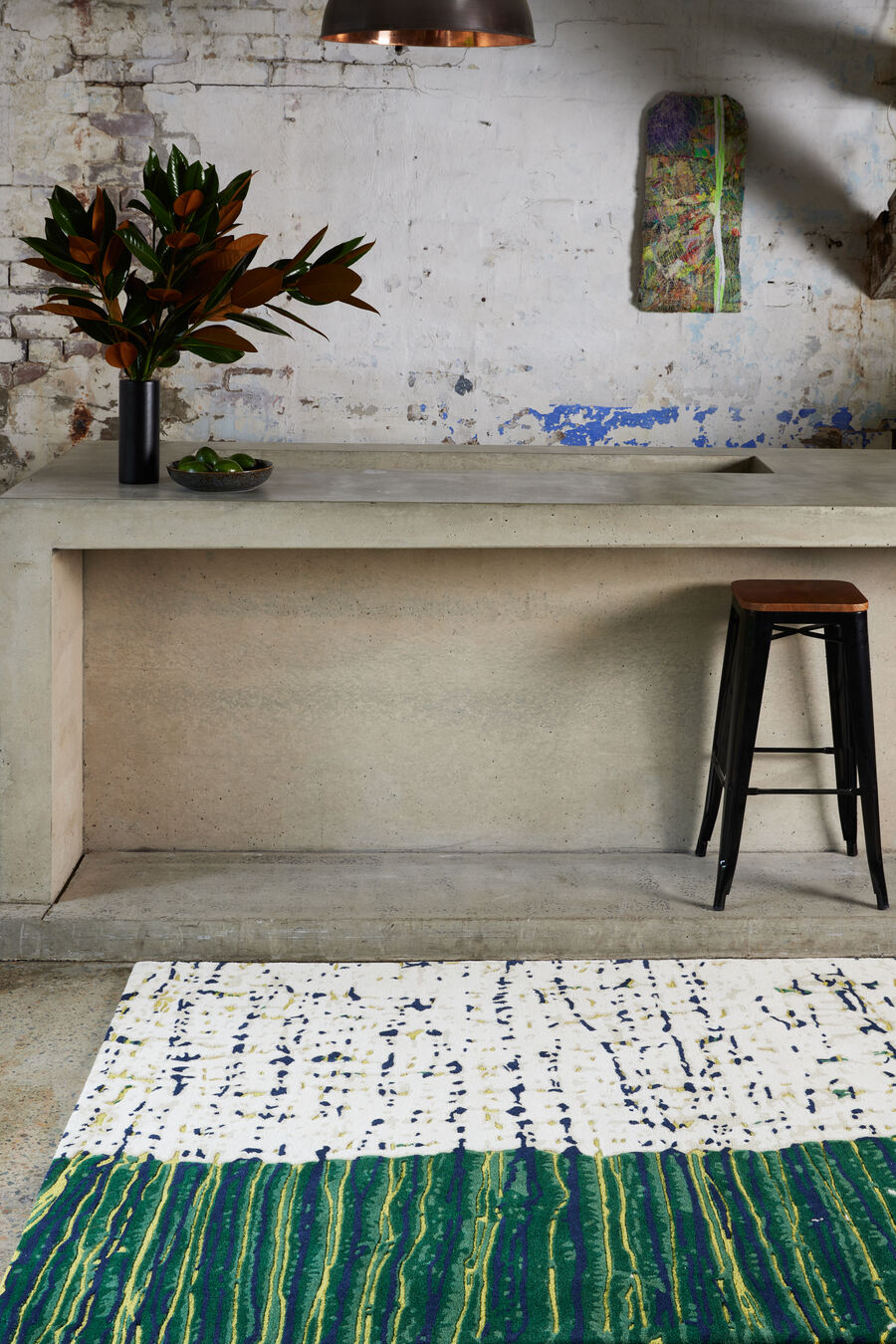 Heptis Forest Green Ivory Navy Wool Rug – Pillowy Grass Lifestyle View – Hand Tufted Rugfine