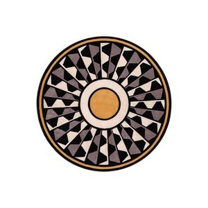 Islaris sunburst round wool rug in black, cream, taupe and mustard, hand tufted by Rugfine