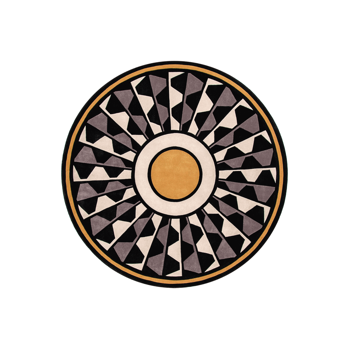 Islaris sunburst round wool rug in black, cream, taupe and mustard, hand tufted by Rugfine