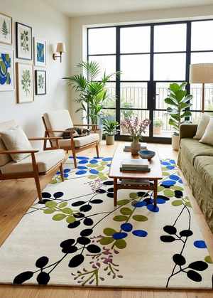 Ivory Royal Blue Olive Green Hand Tufted Wool Rug – LilyGaze Shoka 100% New Zealand Wool by Rugfine – View 1