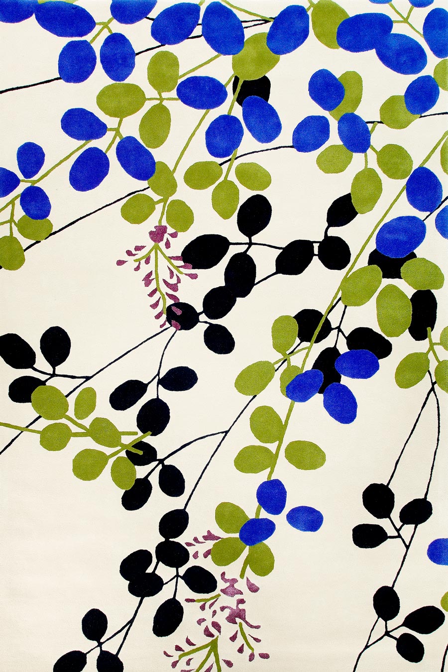 LilyGaze Ivory Royal Blue Olive Green Wool Rug – Shoka Japanese Floral Overhead – Rugfine