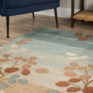 Flormi Teal Brown Cream Botanical Rug – Room Setting Living Area – Hand Tufted Rugfine