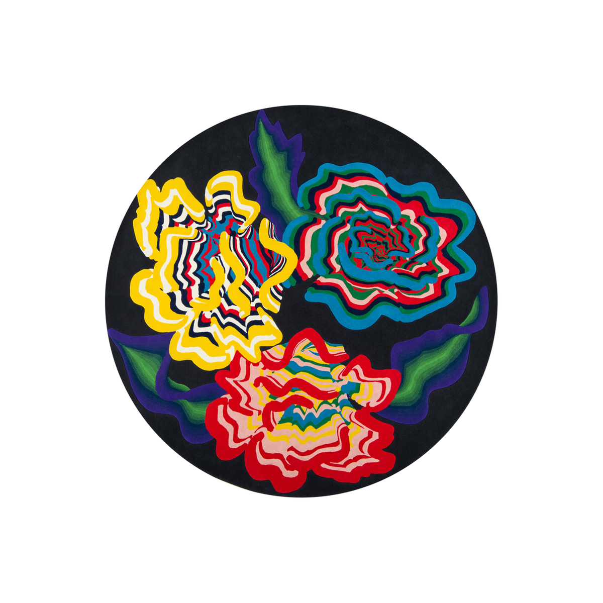 Loquax psychedelic floral round wool rug with multicolour contour blooms on black, hand tufted by Rugfine