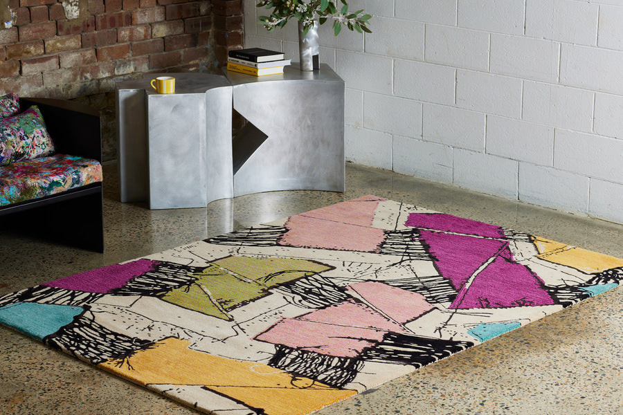 Luminoz Multicolor Turning Corners Jordan Gogos Wool Rug – Lifestyle View – Hand Tufted Rugfine