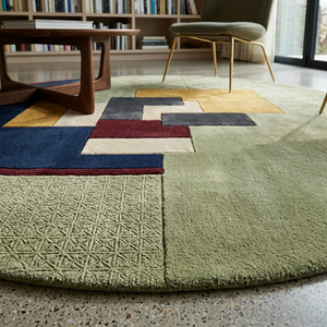 Lunette geometric round rug styled on oak flooring in a modern interior