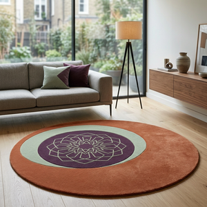 Mandara round wool rug in a penthouse living room with tan leather sofa and green velvet chair