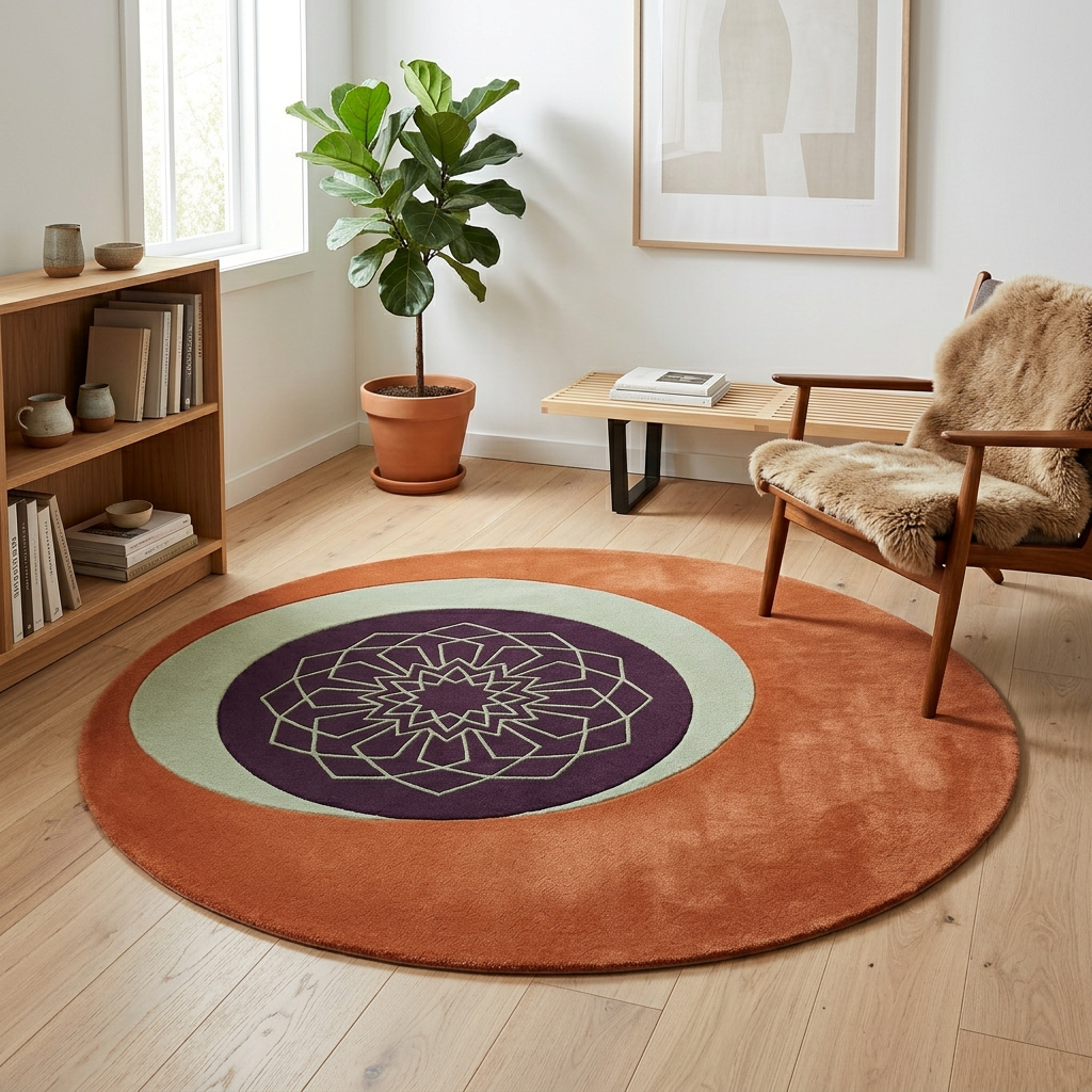 Mandara mandala round rug styled with walnut and leather mid-century furniture