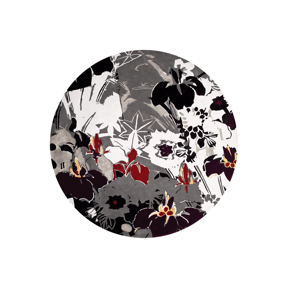 Maplid Japanese iris round wool rug in plum, crimson, grey and white, hand tufted by Rugfine