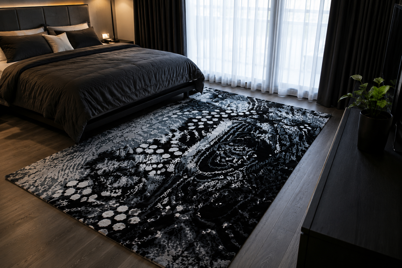 Marvox Black Grey White Shibori Hand Tufted Rug – Lifestyle Room Setting – New Zealand Wool Luxury Area Rug by Rugfine