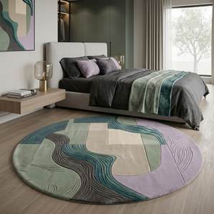Meander sculpted round area rug in 100% New Zealand wool