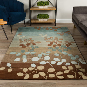 Teal Brown Cream Botanical Wool Rug – Flormi 100% New Zealand Wool by Rugfine – Lifestyle View