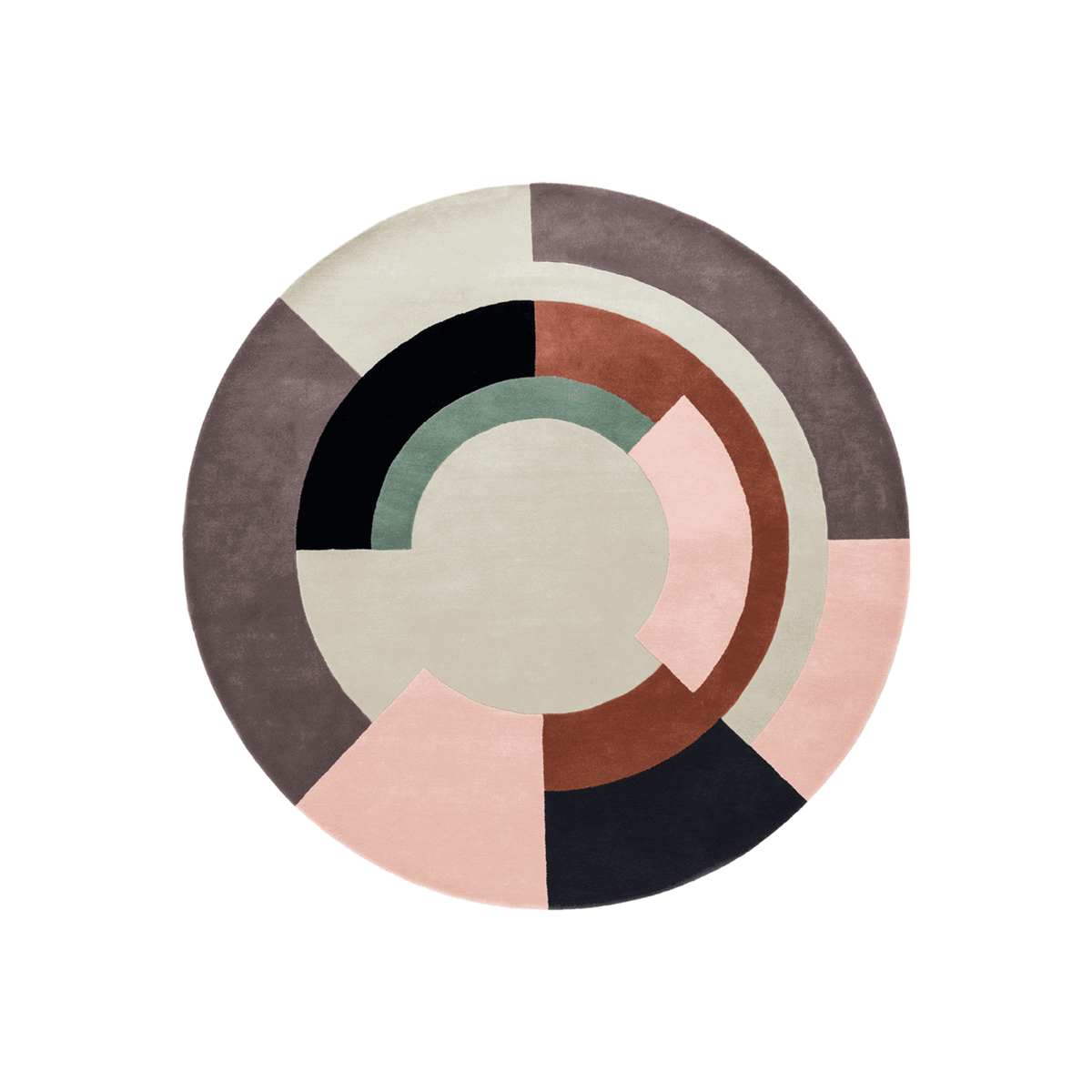 Mosaic mid-century geometric round wool rug with broken rings in blush, navy, rust and sage, hand tufted by Rugfine