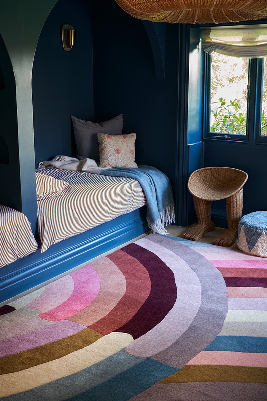 Mystiq Blush Pink Burgundy Teal Wool Rug – Rainbow Botanical Design Lifestyle View 2 – Rugfine