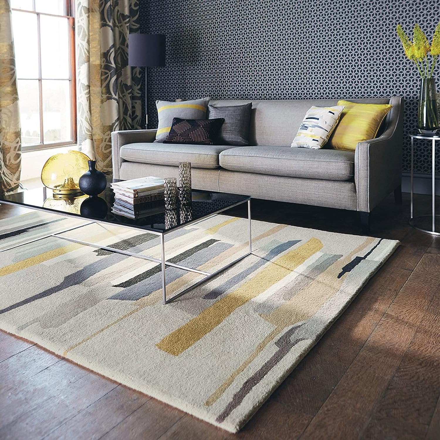 Grey Mustard Gold Ivory Hand Tufted Wool Rug – Nikoon 100% New Zealand Wool Luxury Area Rug by Rugfine – View 1