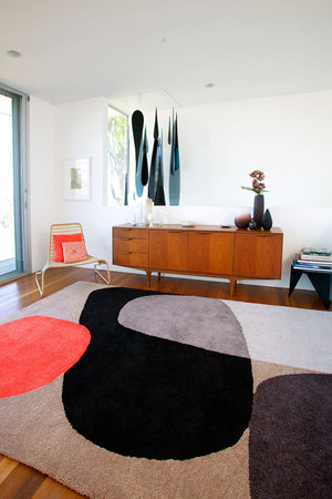 Taupe Red Black Hand Tufted Wool Rug – Orblume Skipping Stones Dinosaur Designs 100% NZ Wool by Rugfine – Lifestyle View