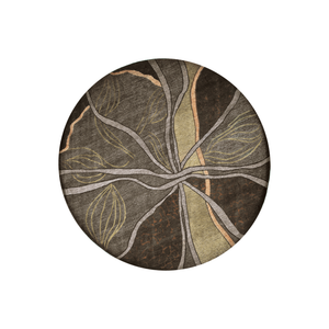 Pavaso botanical abstract round wool rug in dark brown, olive green and silver, hand tufted by Rugfine