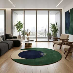 Polaris navy and forest green round rug in a modern apartment with charcoal sofa and oak floor