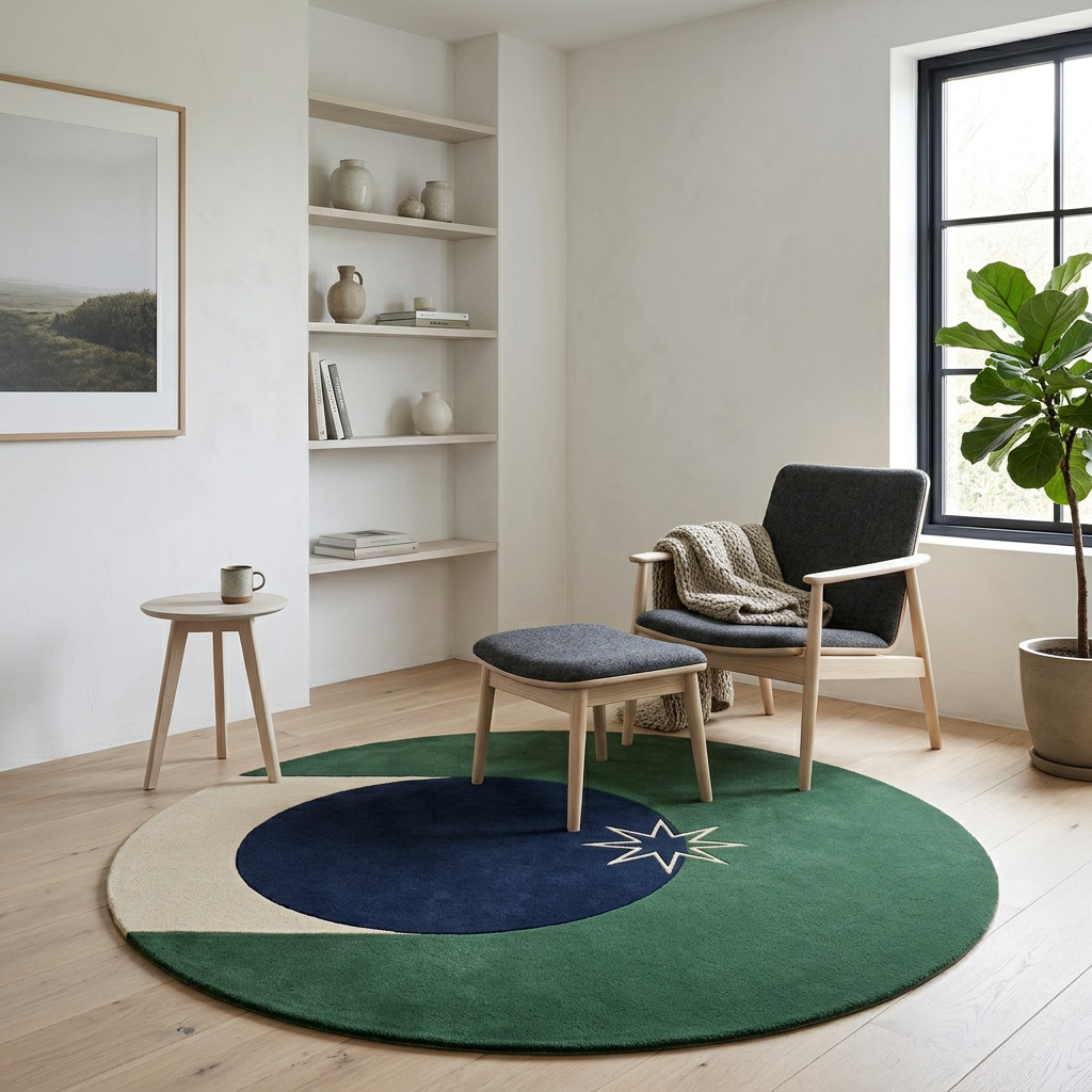 Polaris round rug in a calm reading nook with a grey armchair and plaster walls