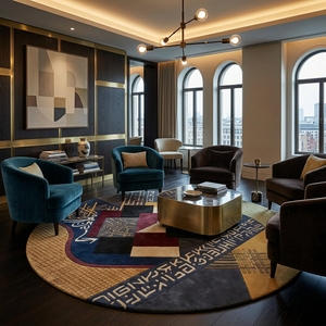 Qalam luxury calligraphy round area rug in 100% New Zealand wool - Rugfine Bhadohi