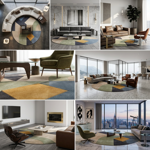 Quadra hand tufted round geometric wool rug in sage green, mustard and charcoal by Rugfine