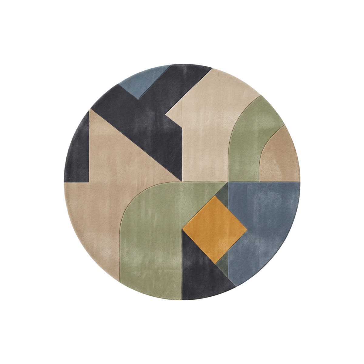 Quadra round geometric wool rug in sage green, slate blue, charcoal and mustard, hand tufted by Rugfine