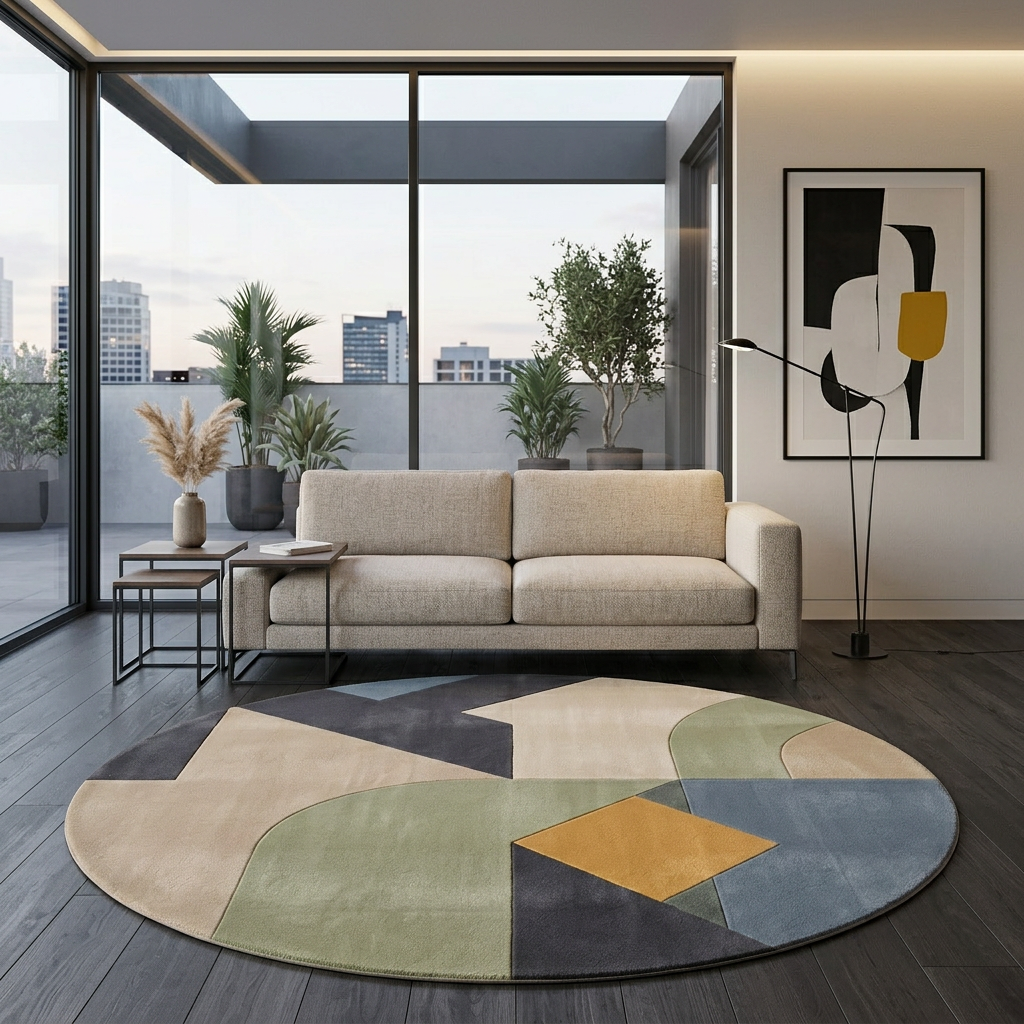 Quadra sage and mustard round wool rug under a beige sofa in a contemporary apartment