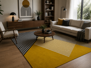 Sentrae Mustard Yellow Black Wool Rug – Byron Bay Sunrise View 3 – Hand Tufted Rugfine
