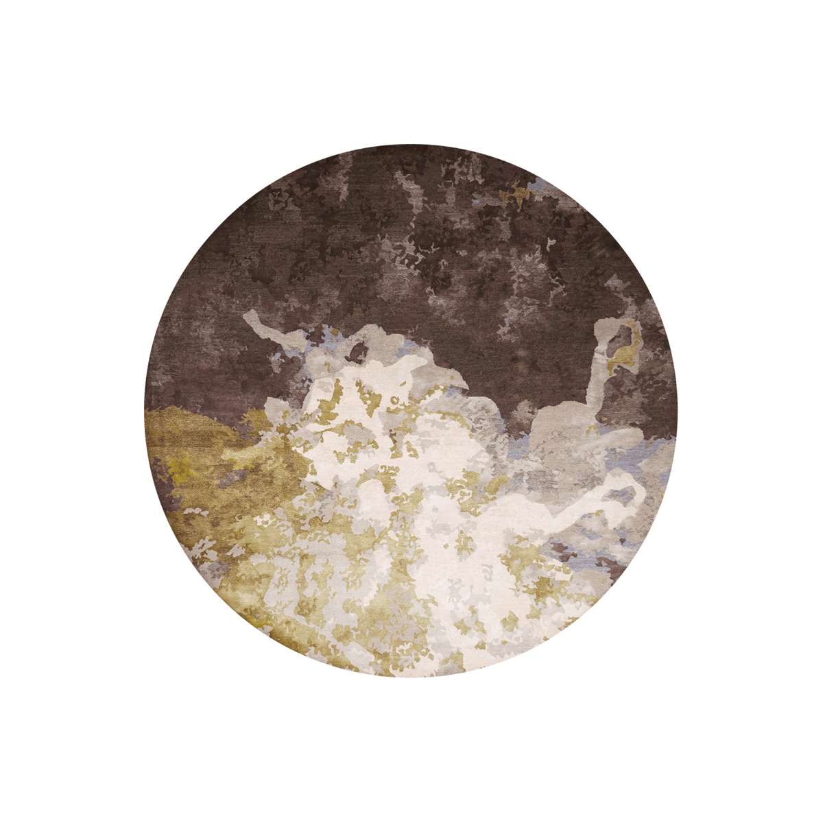 Serase marbled abstract round wool rug in plum brown, ivory and ochre gold, hand tufted by Rugfine